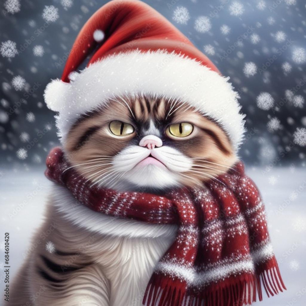 Comical portrait of a cat wearing a Christmas hat and scarf snow falling in the background. Generative AI Comical portrait of a cat wearing a Christmas hat and scarf snow falling in the background. Generative AI