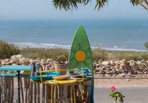 Surfers house by the Atlantic Ocean in Morocco with blue ocean in the background