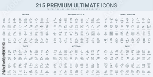 Beauty salon, entertainment and wedding event, baby care thin black line icons set vector illustration. Outline symbols of cosmetics and fashion makeup products, bride and groom, kids toys and game