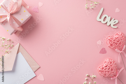A love-filled scene for Valentine's Day: gift box, gypsophila, heart-shaped confetti, invitation envelope, and heart decor on sticks. Top view on a pastel pink background with space for your words © ActionGP