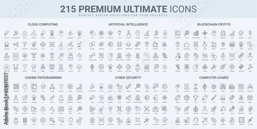 Cloud computing, program development, privacy thin black line icons set vector illustration. Outline symbols of computer and mobile games, software code and AI, network access and data protection