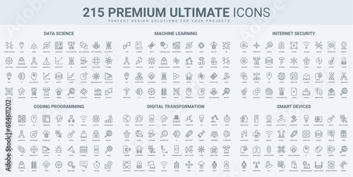 Science data research, cyber technology and software code thin black line icons set vector illustration. Outline symbols of smart digital devices and tech systems, machine learning, data protection