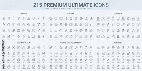 Food and drink tasting, agriculture farm products and cooking in kitchen thin black line icons set vector illustration. Outline symbols of diet nutrient, bakery and chefs recipe, fruits and vegetables