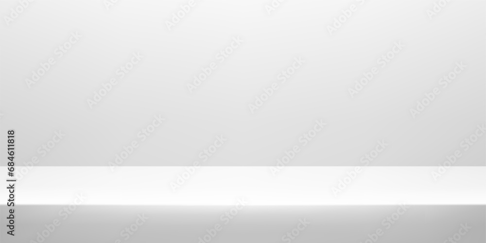 White background. White and grey studio room background. Empty White studio table room and light backgound. Banner for advertise product on website. Vector illustration.