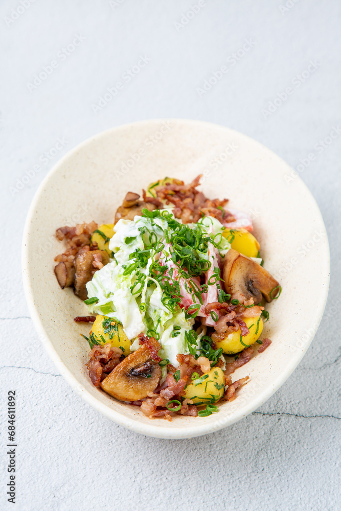 salad with potatoes, rice, meat and green onions top view salad with potatoes, rice, meat and green onions top view