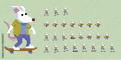 pixel art style illustration vector 8 bit 8-bit character set retro design game aseprite vintage rat skateboard animation set