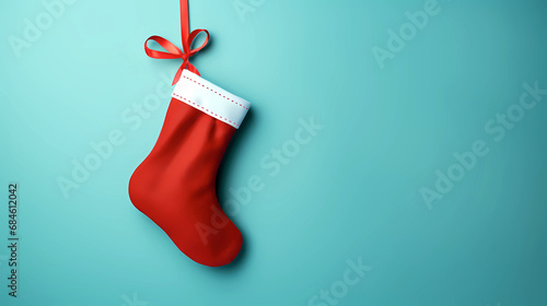 Christmas sock hanging on a red bow, isolated on blue background.
