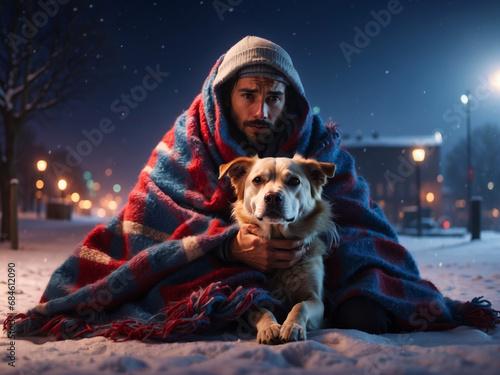 A homeless man with his dog in the cold.