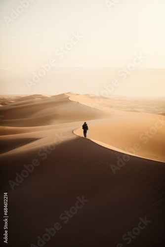 Magic landscape of golden sand dune in desert at sunset. A man walking on the ground  a traveler  a tourist  a resident of the desert.