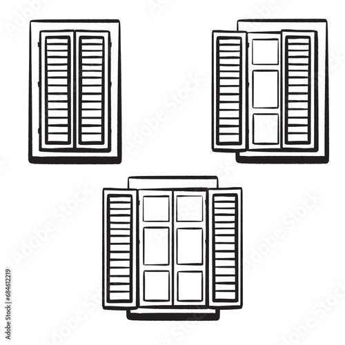 Set. Different open closed windows. Ink hand-drawn vector. Italian window with shutters. Wooden frame. Symbol of Italian homes in old town. Open window symbolizing travel, countries new opportunities