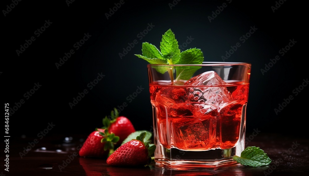 Cocktail with strawberry, mint and ice on a black background, Strawberry mojito cocktail with ice and mint on dark background Cocktail with strawberry, mint and ice on a black background, Strawberry mojito cocktail with ice and mint on dark background