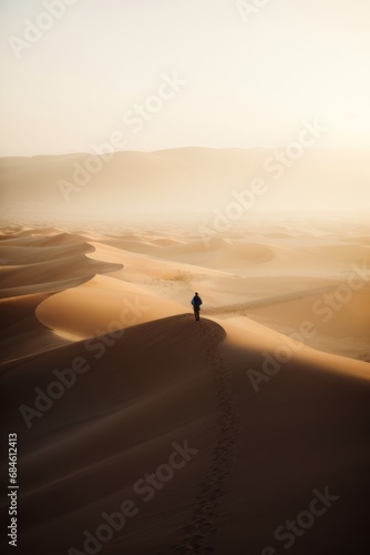 Magic landscape of golden sand dune in desert at sunset. A man walking on the ground, a traveler, a tourist, a resident of the desert.