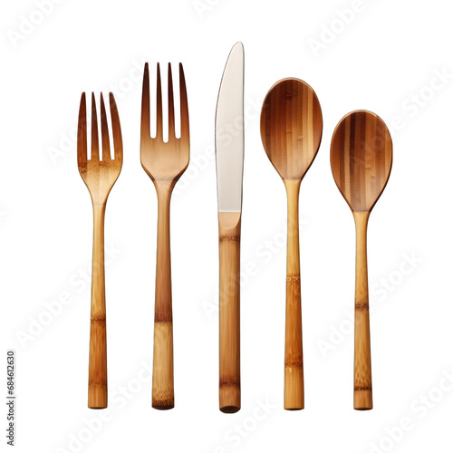 Bamboo Cutlery Set Isolated on Transparent or White Background, PNG