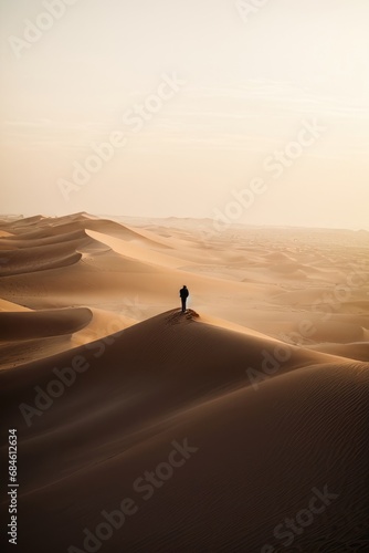 Magic landscape of golden sand dune in desert at sunset. A man walking on the ground, a traveler, a tourist, a resident of the desert.