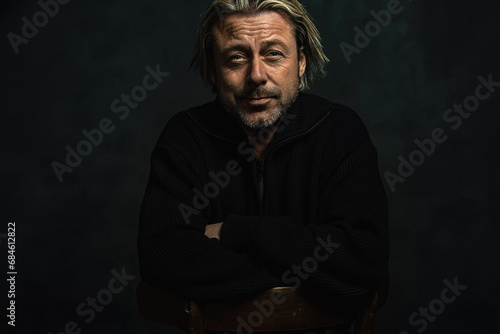 Middle aged blond caucasian man with stubble beard in black woolen sweater sits on wooden chair in front of a dark wall. © ysbrandcosijn