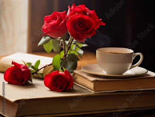 Hot cup of fresh coffee on wooden table and stack of books for reading with red rose, AI generator