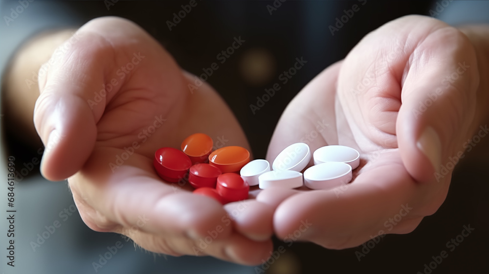 Man holding a handful of red and white pills in his palms close up shot Man holding a handful of red and white pills in his palms close up shot