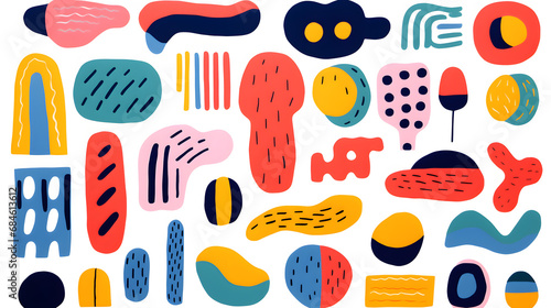 Set of hand painted colorful various shapes, curls, forms, arches, squiggles, brush strokes and doodle objects. Abstract modern trendy vector illustration with bold brush drawn geometr. generative ai.