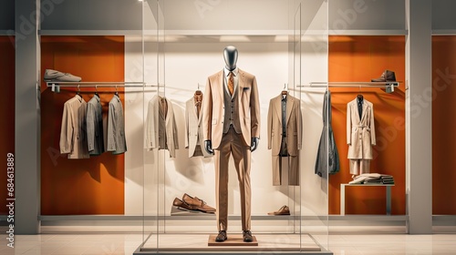 Fashionable business suits on display in a business suit shop. photo