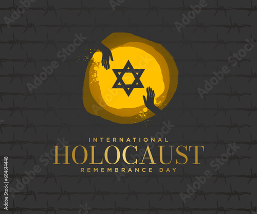 International Holocaust Remembrance Day Banner Design. Two hands reaching out to each other with Star of David. Vector Illustration.