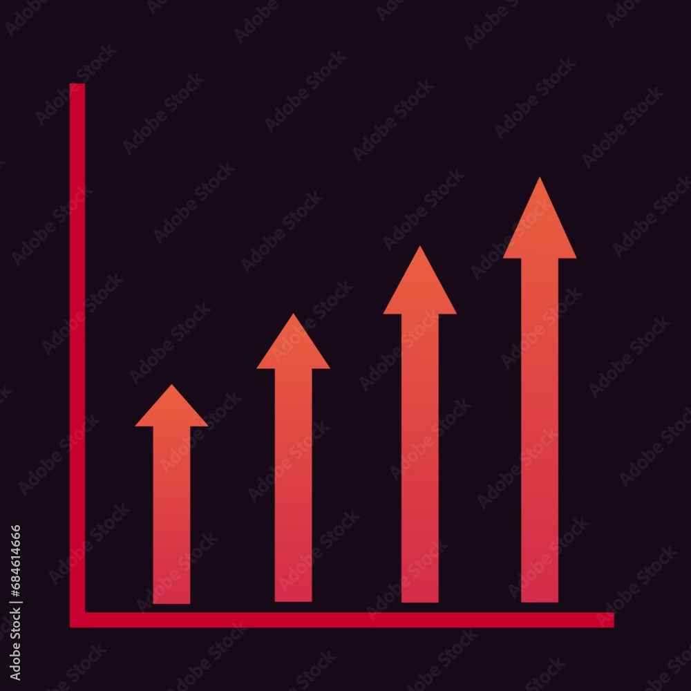Icon graph with red arrow showing increases isolated on black background. Bar symbol graphic. Illustration Icon graph with red arrow showing increases isolated on black background. Bar symbol graphic. Illustration