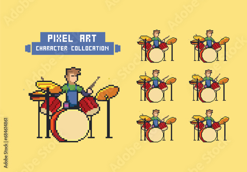 pixel art style illustration vector 8 bit 8-bit character set retro design game aseprite vintage drum player drum animation