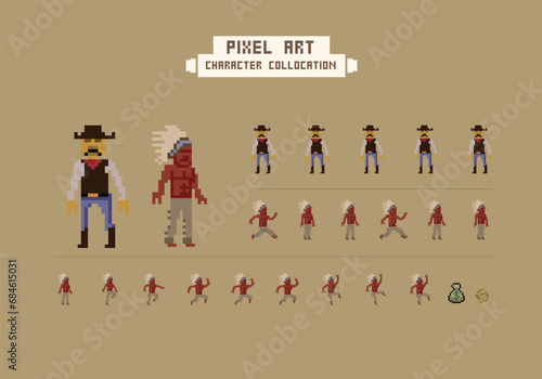 pixel art style illustration vector 8 bit 8-bit character set retro design game aseprite vintage cowboy indian american walk cycle animation photo