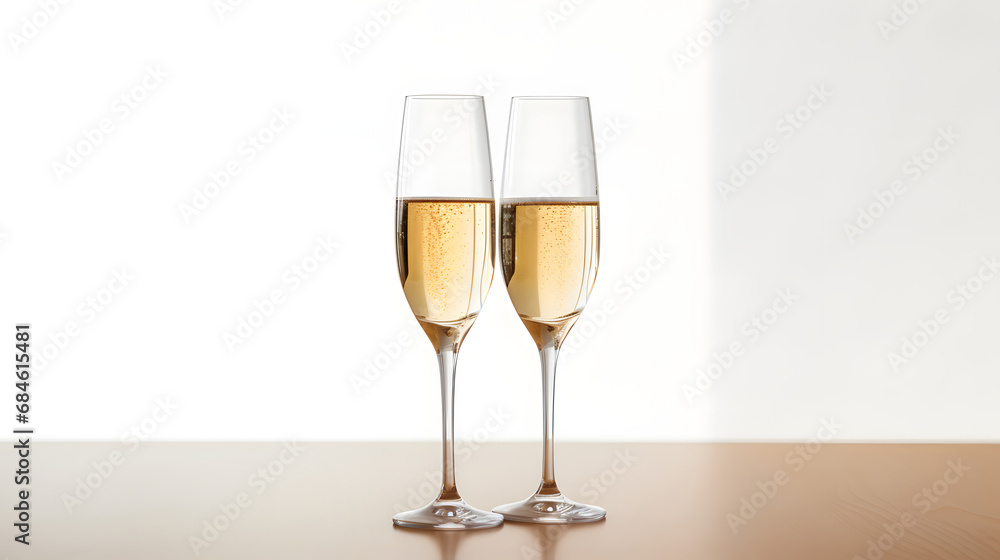 Two elegant champagne glasses with sparkling wine on a wooden table Two elegant champagne glasses with sparkling wine on a wooden table