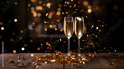 Festive champagne glasses amidst sparkling confetti and festive lights