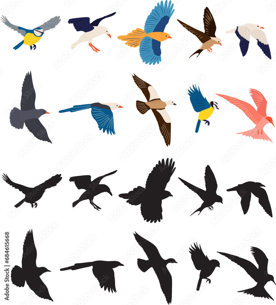 Obraz premium flying birds set in flat style on white background vector