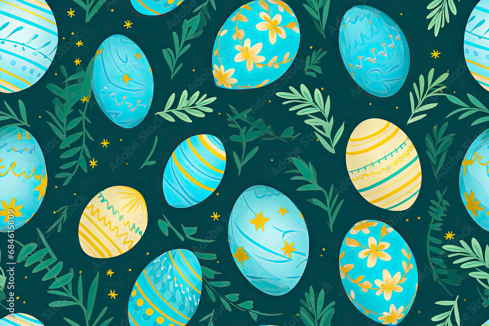 Easter background featuring a seamless repeat and tileable Easter egg and foliage pattern, Easter wallpaper background Easter background featuring a seamless repeat and tileable Easter egg and foliage pattern, Easter wallpaper background