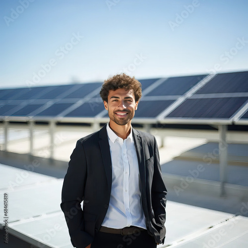 Portrait of young smiling businessman and sustainable business entrepreneur staring at the camera with solar farm and solar panels in the background. Isolated shot with bokeh © Goodwave Studio
