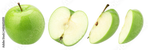 green apple (granny smith apple), half and slice isolated, transparent PNG, collection, PNG format photo