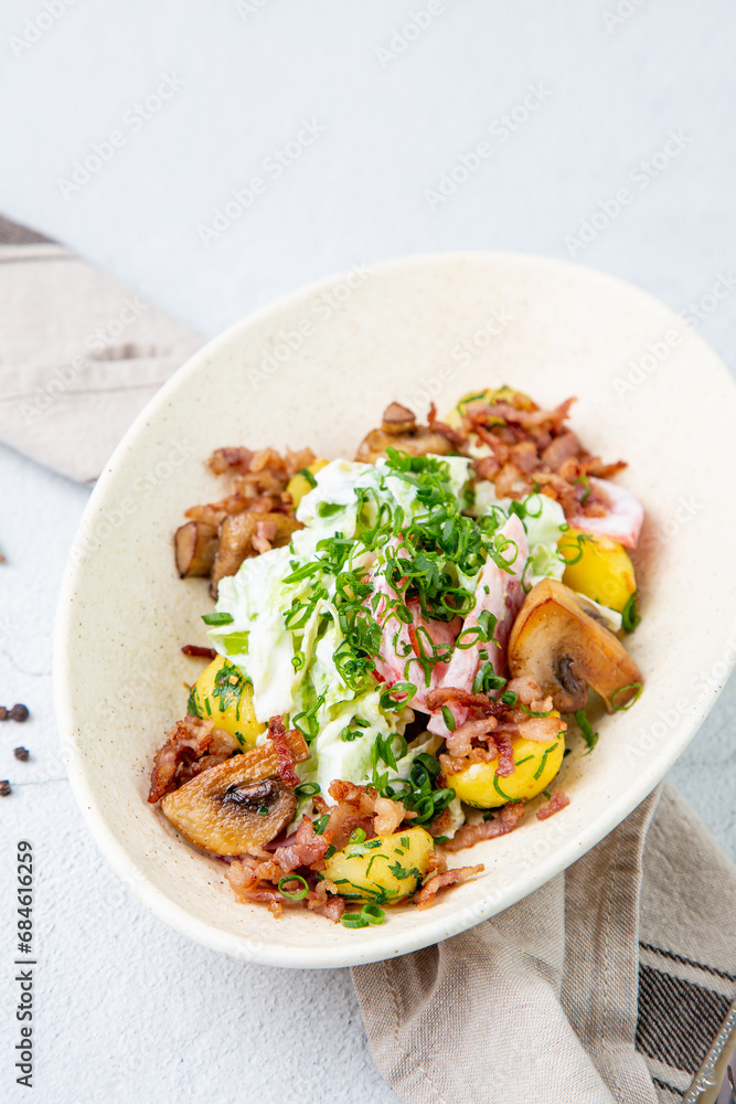 salad with potatoes, rice, meat and green onions top view salad with potatoes, rice, meat and green onions top view