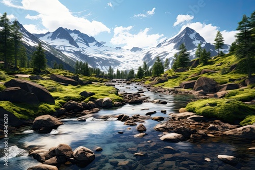 Landscape of Norway. Valley in the mountains with a river. Generative AI Art. Beautiful view. © Sci-Fi Agent