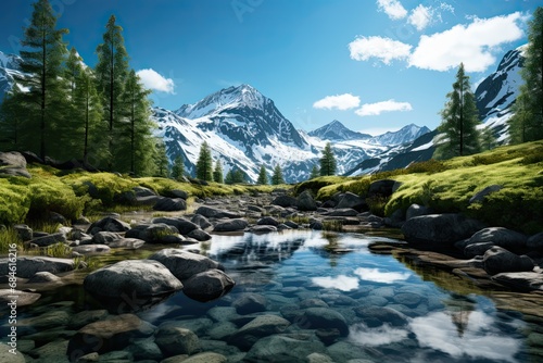 Landscape of Norway. Valley in the mountains with a river. Generative AI Art. Beautiful view.