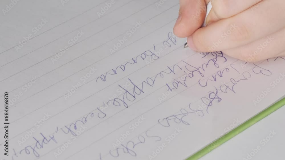 left-handed schoolchild doing homework, child writes English in notebook, assignments involving English language exercises, acquisition, vocabulary building in school setting, Bilingual Education left-handed schoolchild doing homework, child writes English in notebook, assignments involving English language exercises, acquisition, vocabulary building in school setting, Bilingual Education
