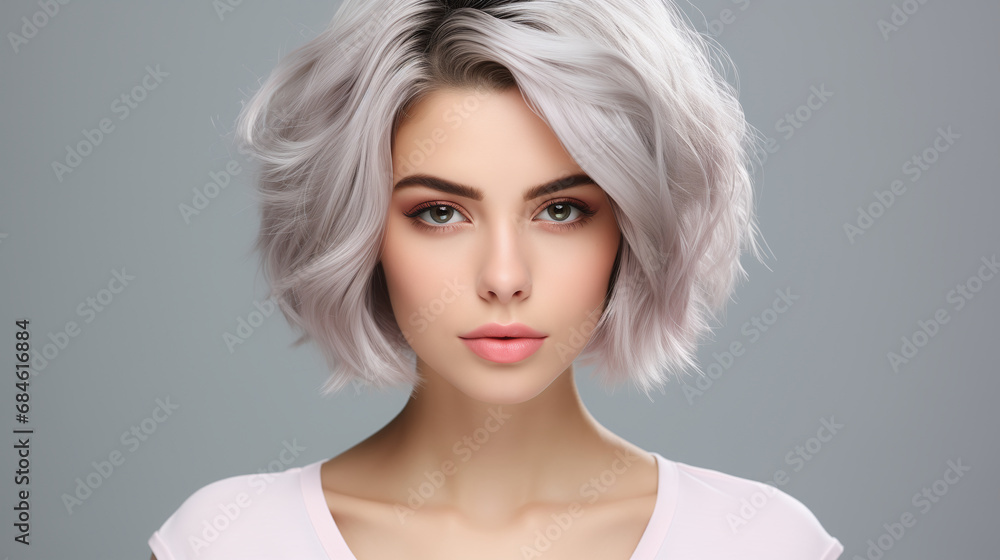 Portrait of woman with grey silver hair, at the studio white grey background. Skincare concept, wellness of face skin. Portrait of woman with grey silver hair, at the studio white grey background. Skincare concept, wellness of face skin.