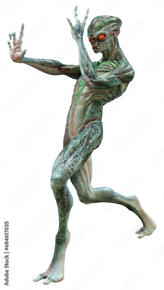 3D Rendering Green Alien on White 3D Rendering Green Alien on White
