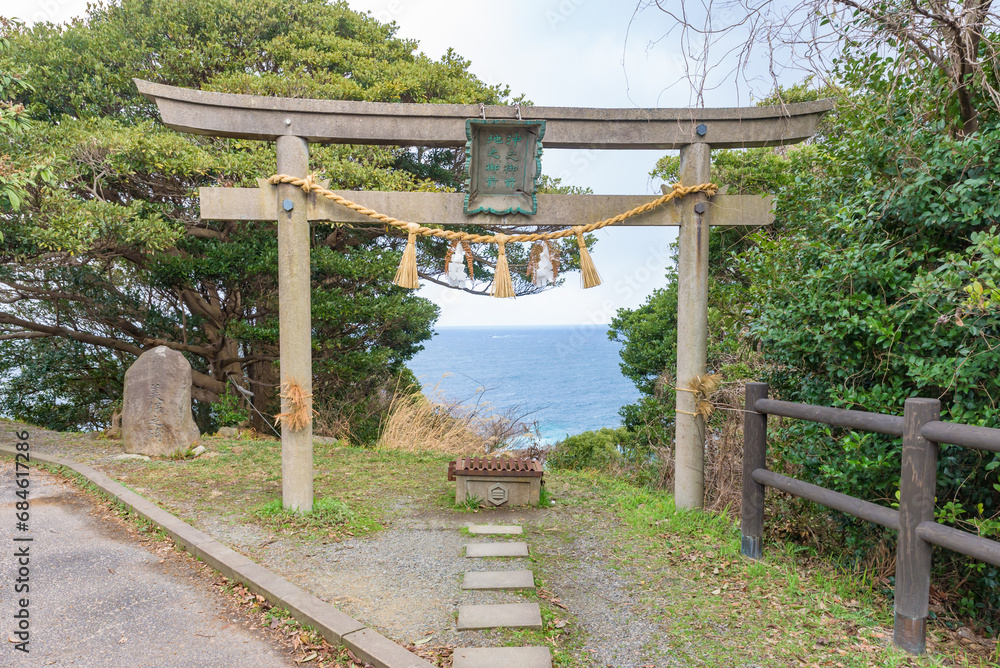 SHIMANE, JAPAN - FEB 20, 2023: Far place of worship of the Miho Shrine at the Mihonoseki Lighthouse in Shimane Prefecture, Japan.