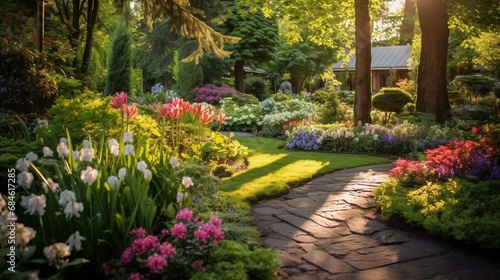 A well-maintained garden with blooming flowers and lush green plants.