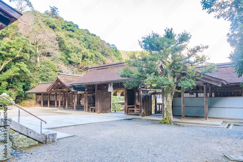 SHIMANE, JAPAN - FEB 20, 2023: Hiho Shrine in Mihonoseki, Matsue City, Shimane Prefecture, Japan.
