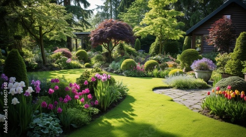 A well-maintained garden with blooming flowers and lush green plants.