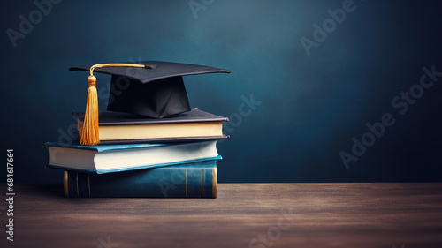 Greeting banner for design of graduation. Stack of books with mortarboard cap on top lying on wooden table. photo