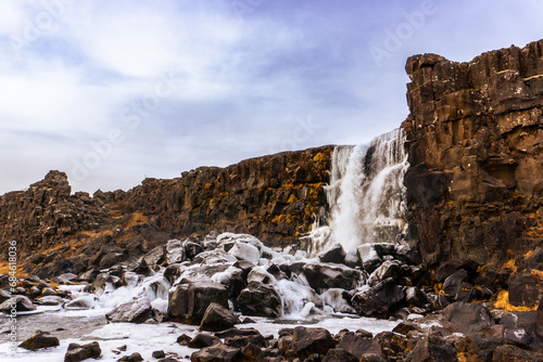 Oxararfoss waterfall in Thingvellir golden circle in Iceland
