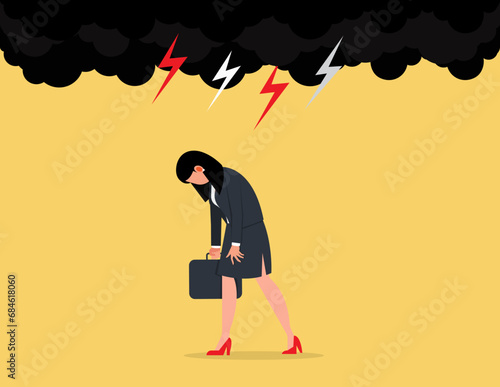 Discourage or depression. Frustrated businesswoman walking in thunderstorm