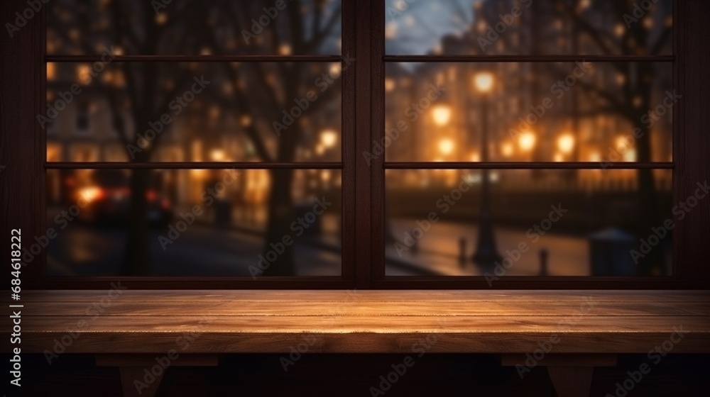 A close-up view of the night street seen out the window behind a wooden table. Generative AI