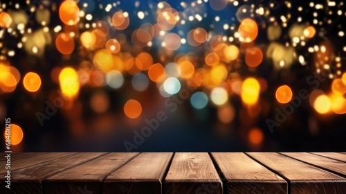 Antique wooden table top on the background of Christmas lights. Bright festive banner, New Year background