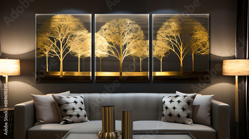 Golden trees at night. Modern canvas art with golden three background. generative ai. photo