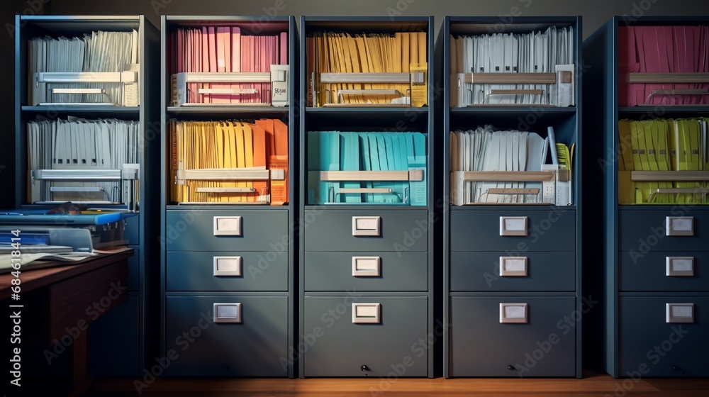 A well-organized filing cabinet with important documents and folders. A well-organized filing cabinet with important documents and folders.